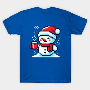 Pixel Art Snowman Enjoying Coffee - Winter Holiday Design T-Shirt